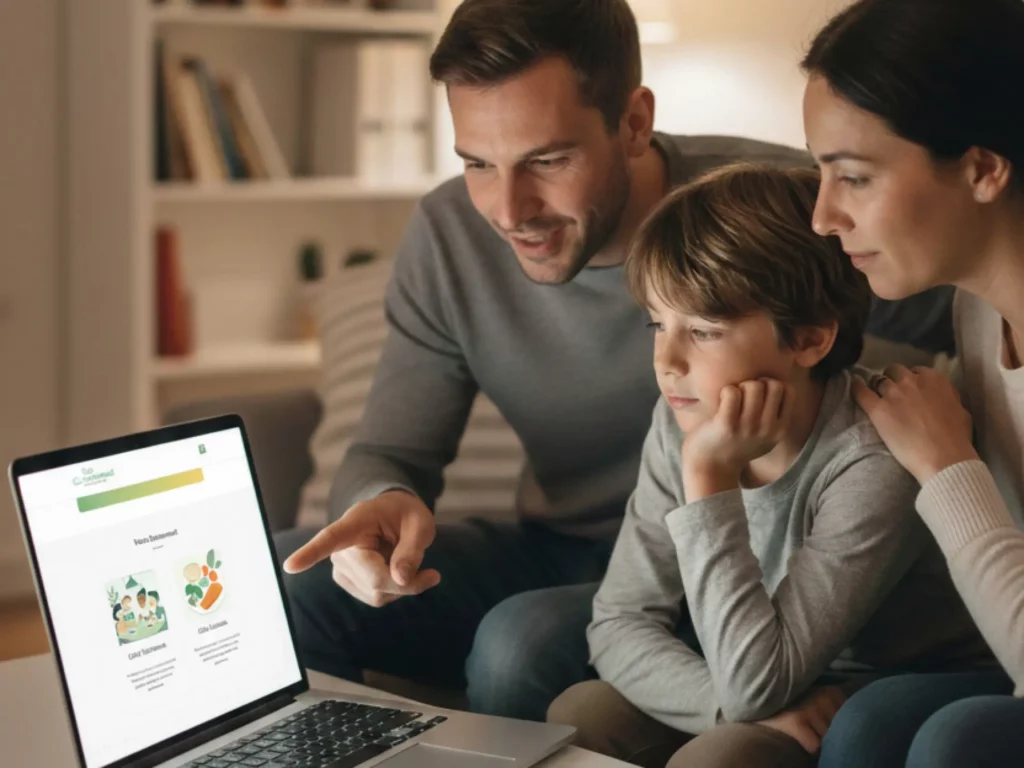 parents et enfant qui regarde le site du restaurant scolaire sivu