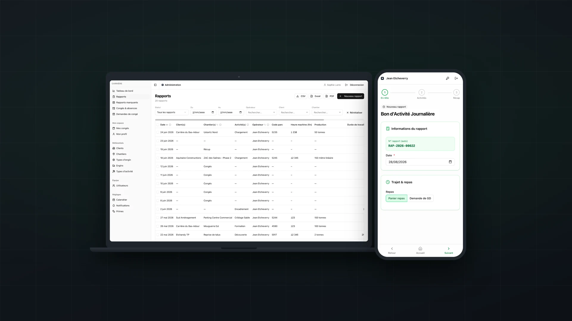 Application de bons d'activité pour une carrière, vue ordinateur et mobile